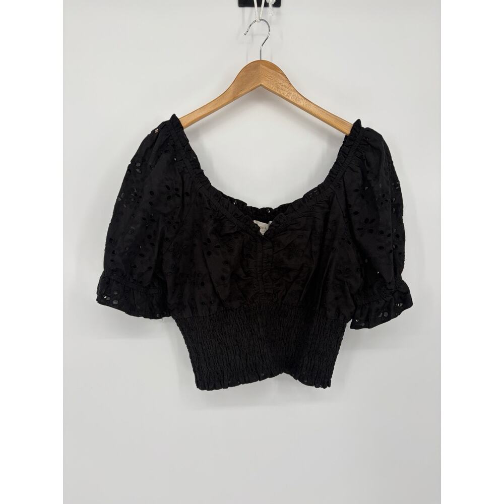 NWT Black Eyelet Puff Sleeve Crop Top Cottagecore Milkmaid Peasant Boho Top Sz L - Picture 2 of 8